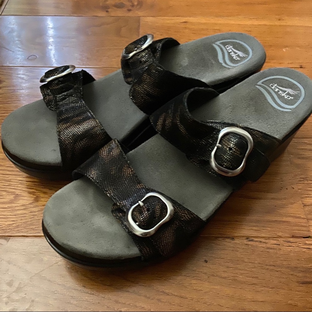 Dansko metallic slip on clog sandals
